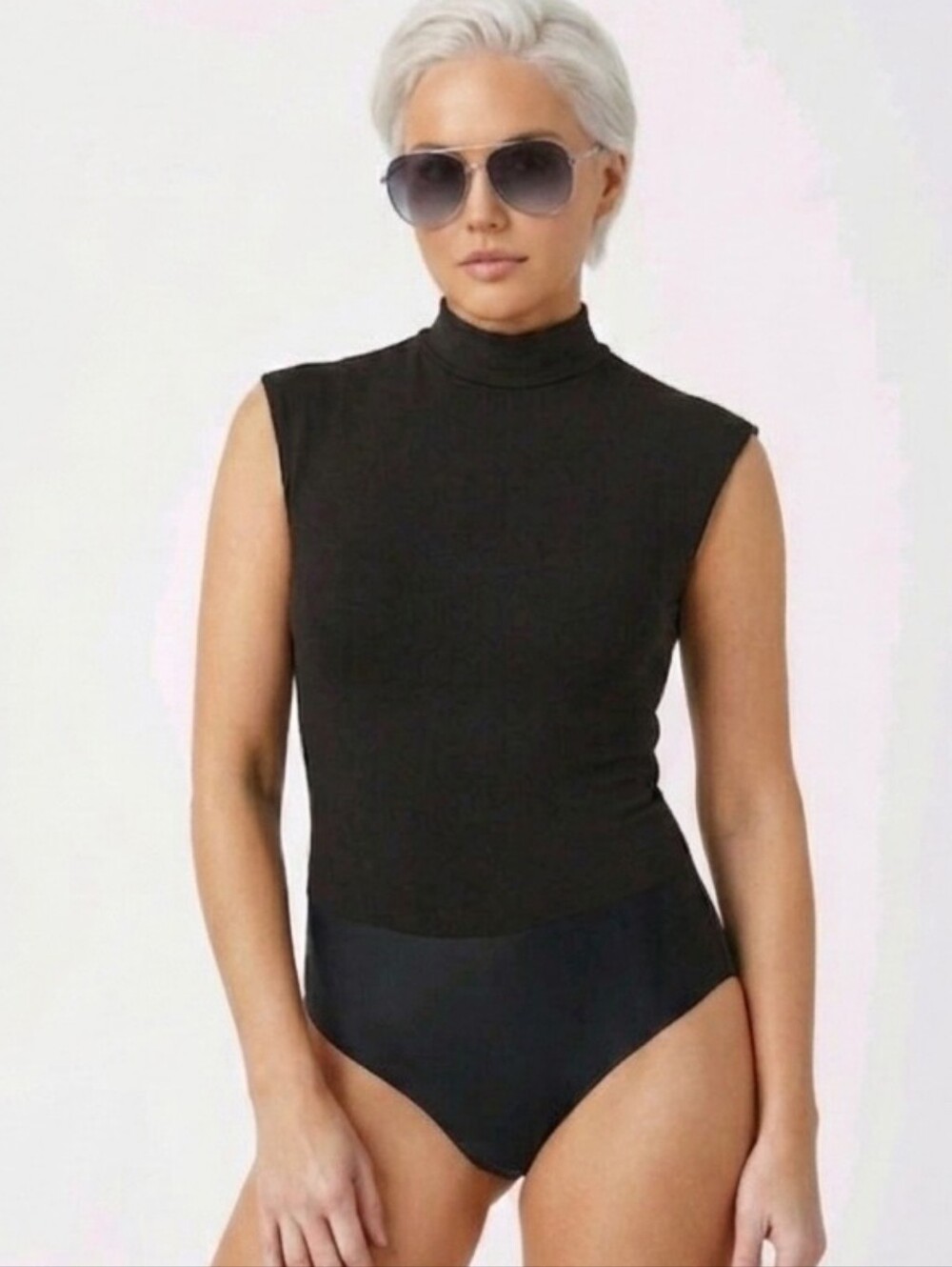 SPANX Faux Suede Mock Neck Sleeveless Bodysuit Classic Black Size M Excellent